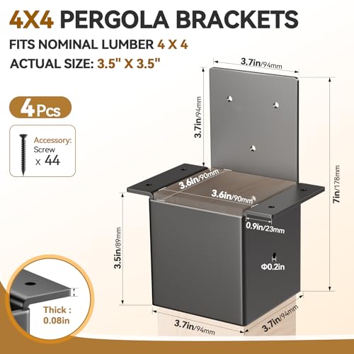 4 Pcs 4x4 Pergola Brackets for Wood Post - 14 Gauge Steel Post Top Rafter Connector 4x4 for Gazebos, Deck, Pergola Connectors Actual Size 3.5" X 3.5"