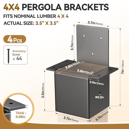 4 Pcs 4x4 Pergola Brackets for Wood Post - 14 Gauge Steel Post Top Rafter Connector 4x4 for Gazebos, Deck, Pergola Connectors Actual Size 3.5" X 3.5"