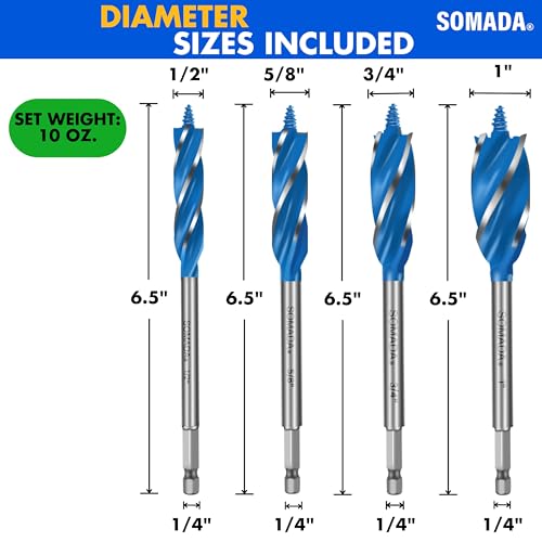 SOMADA Auger Drill Bit Set for Wood, 4-Piece, Hex Shank Quick Change - size: 4 PCS SET