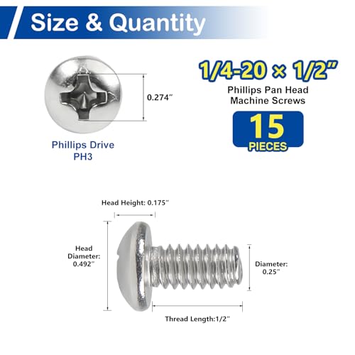 15 Sets 1/4-20 x 1/2" Pan Head Machine Screws Nuts Washers Assortment Kit - size: 1/4-20 x 1/2"
