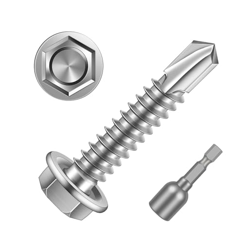 #10 x 1-1/4" (1/4" to 3" Available) Hex Washer Head Self Drilling Sheet Metal Screws with Drill Point, Stainless Steel 410, 50 PCS - color: Silver, size: #10 x 1-1/4"