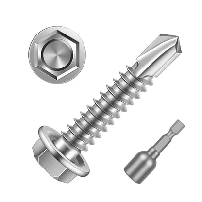 #14 x 1-1/4" (3/4" to 3" Available) Hex Washer Head Self Drilling Sheet Metal Screws with Drill Point, Stainless Steel 410, 50 PCS - color: Silver, size: #14 x 1-1/4"