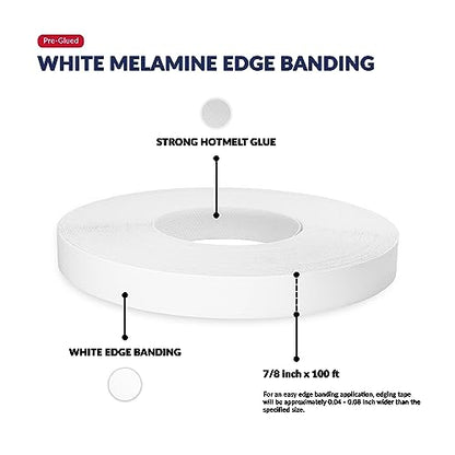 UNMAR White Edge Banding Melamine Iron On Tape Adhesive Wood Board Edging Strips Veneer Trim Laminate Cabinet Furniture MDF Plywood Formica Shelf Stick Countertop (1, White, 7/8 in x 100 ft) - size: 7/8 in x 100 ft