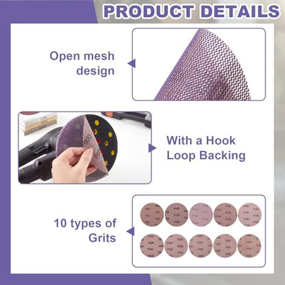 50 Pcs 5 Inch Purple Ceramic Mesh Sanding Discs, Hook and Loop Anti-Clog Net Sandpaper for Random Orbital Sander, Dustless Sanding Pads for Wood, Paint, Metal, Drywall, 80-800 Grit