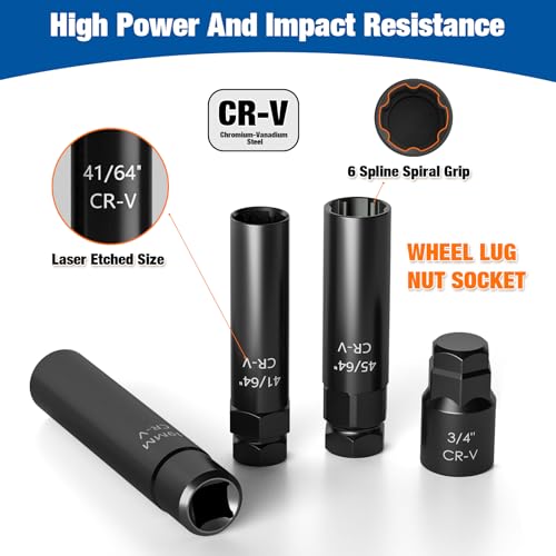 Dynofit 8-Piece Lug Nuts Key Kit, 5/6/7/12 Spline Lug Nuts Socket Set for Aftermarket Rims and Wheel Lock, with 1/2" Drive & Hex External Ends for Removal, Cr-V Steel - size: 8-Piece Set (5/6/7/12 Spline) with 1/2" Drive