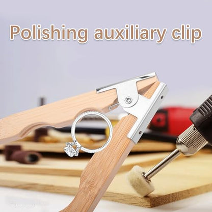 TUNQISM Wooden Ring Clamp Holder & Solid Wood Stick Set, Jewelry Making & Polishing Auxiliary Tools with Metal Hinged Spring, Sanding Handle for Ring Polishing & Grinding, High-Quality Workbench Tools