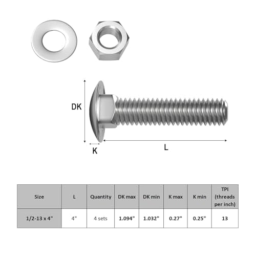 VGBUY 1/2-13 x 4 Carriage Bolts Screws 4 Sets, 304 Stainless Steel 18-8, Round Head Square Neck, Carriage Bolts and Nuts Kit, with Flat Washers - size: 1/2-13 x 4" (4 Sets)