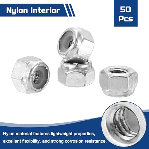 50Pcs 1/4"-28 Nylon Locking Hex Nuts 304 StainlessSteel Silver - color: Silver, size: 1/4"-28