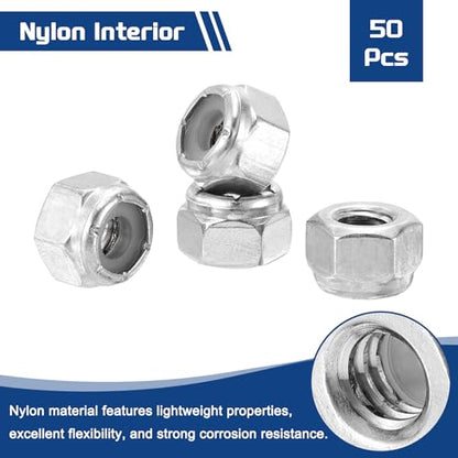50Pcs 1/4"-28 Nylon Locking Hex Nuts 304 StainlessSteel Silver - color: Silver, size: 1/4"-28