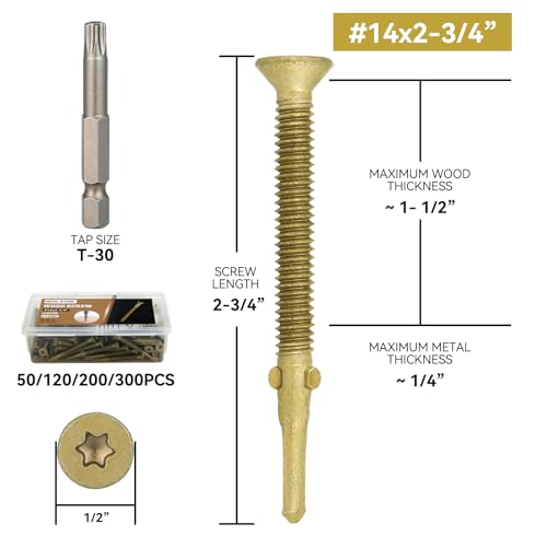 50Pcs #14 x 2-3/4" Trailer Deck Screws - T30 Torx Self-Tapping Wood to Metal Screws with Reamer Tip | Heavy-Duty Fasteners for Truck Beds, Trailers & Metal Framing - size: 14 x 2-3/4-50