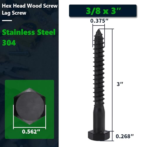 10-Sets 3/8 x 3 Black Hex Head Lag Screws & Flat Washers, Heavy Duty Wood Lag Screws, 304 Stainless Steel (18-8), 3/8" Bolt - size: 3/8 x 3