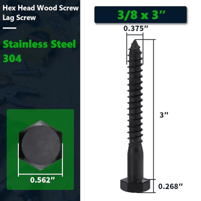 10-Sets 3/8 x 3 Black Hex Head Lag Screws & Flat Washers, Heavy Duty Wood Lag Screws, 304 Stainless Steel (18-8), 3/8" Bolt - size: 3/8 x 3