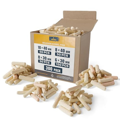 ALBO 300 Pcs Assorted Wooden Dowel Pins, 6x30, 8x30, 8x40 & 10x40 mm - size: Set 300pcs 6mm + 8mm + 10mm