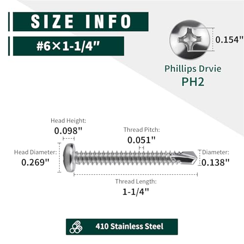 #6 x 1-1/4" Pan Head Self Drilling Screws, Phillips Drive, 410 Stainless Steel Sheet Metal Screws,Self Tapping, Dovetail, Pack of 100 - size: #6 x 1-1/4"