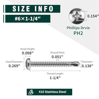 #6 x 1-1/4" Pan Head Self Drilling Screws, Phillips Drive, 410 Stainless Steel Sheet Metal Screws,Self Tapping, Dovetail, Pack of 100 - size: #6 x 1-1/4"