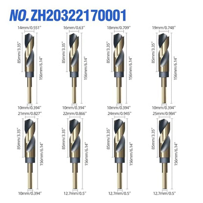 HUHAO 8Pcs Reduced Shank Twist Drill Bit Set from 9/16" to 1",High Speed Steel Drill Bits with 10mm (3/8") & 1/2" Shank,Gold Titanium & Black Nitride Coated Drilling Bit for Hard Wood,Mild Steel - size: 8PC