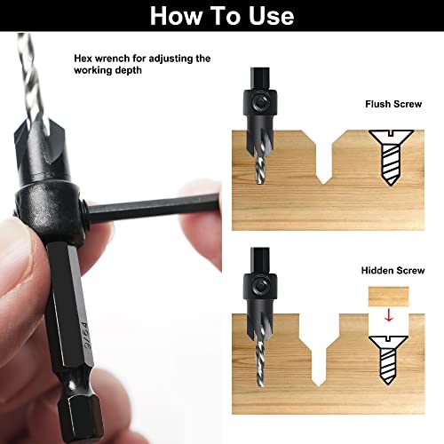 GMTOOLS Countersink Drill Bit Set, 3Pcs Tapered Drill Bits M2 HSS, with 1/4" Hex Shank Quick Change and Allen Wrench, Counter Sinker Set for Woodworking and Carpentry, Pilot Screw Hole Set - style: Set #6#8#10