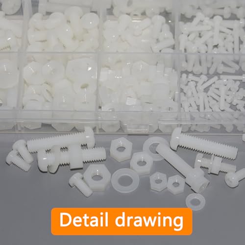 500 Pcs Nylon Hex Head Screws Bolts and Nuts and Washers Assortment Set - size: M2,M2.5,M3,M4,M5,M6