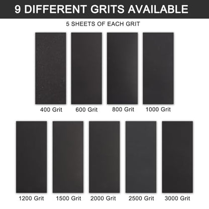 45Pcs Wet Dry Sandpaper, 400/600/ 800/1000/ 1200/1500/ 2000/2500/ 3000 Grit Assorted Sanding Sheets for Automotive Polishing, Metal Sanding, Wood Furniture Finishing, 9 x 3.6 Inch
