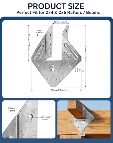 50 Pack Hurricane Ties for Rafters, 16 Gauge Hot Dip Galvanized Hurricane Straps, Joist Hangers Fit 2x4 2x6, Rafter Tie Brackets for Roof Trusses, Hurricane Clips for Roofing Wood Timber Connectors - style: 16Gauge