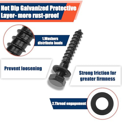 Tandefio 100 Pack 1/2''X 3'' Lag Bolts Screw with Washer Galvanized, Black - size: 1/2''x 3''