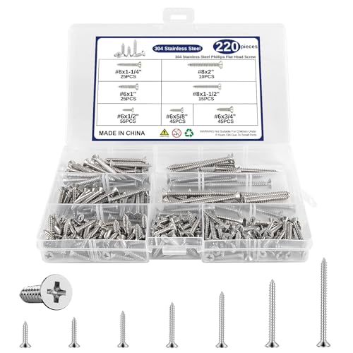 220 Pcs Wood Screws Assortment Kit, 304 Stainless Steel Screws, Phillips Drive Flat Head, Wood Screws, Screws Assortment Kit, Screw Set, 7 Sizes (2", 1-1/2", 1-1/4", 1", 3/4", 5/8", 1/2") - size: #6 #8 220PCS