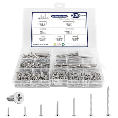 220 Pcs Wood Screws Assortment Kit, 304 Stainless Steel Screws, Phillips Drive Flat Head, Wood Screws, Screws Assortment Kit, Screw Set, 7 Sizes (2", 1-1/2", 1-1/4", 1", 3/4", 5/8", 1/2") - size: #6 #8 220PCS
