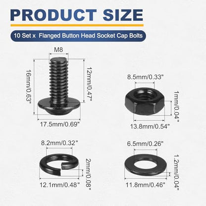 M METERXITY 10 Set M8 x 12mm Flanged Button Head Socket Cap Screws, Black 304 Stainless Steel 18-8 Hex Socket Head Screws Bolts, Nuts, Flat & Lock Washers for DIY, Furniture, Automotive - size: M8 x 12mm