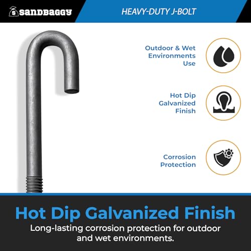 Sandbaggy 1/2" Galvanized Threaded J-Bolt Concrete Anchor (Nut & Washer Included) - J Hook Type Bolts (10, 8" Length)