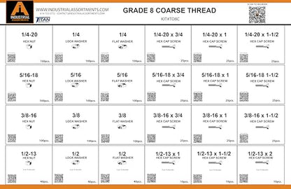 Titan Industrial Supply-1275 Piece Grade 8 Coarse Thread Metal Drawer Assortment