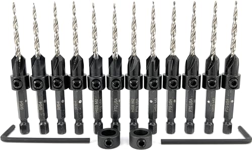 FTG USA 12 Pc #6 (9/64") Tapered Countersink Drill Bit Set with 2 Stops - size: #6, style: Same Sort 12 Pc