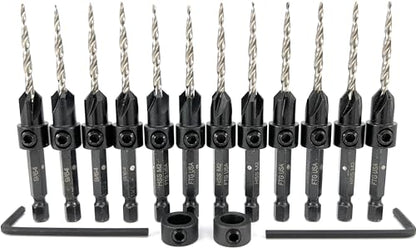 FTG USA 12 Pc #6 (9/64") Tapered Countersink Drill Bit Set with 2 Stops - size: #6, style: Same Sort 12 Pc