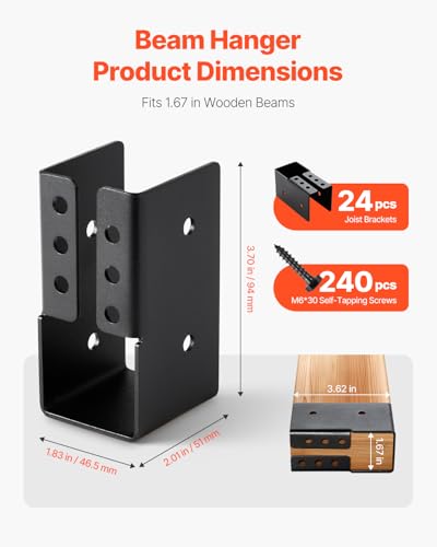 VEVOR Concealed Joist Hanger, 2x4 Inch Outdoor Concealed-Flange Joist Bracket with Screws, Steel Light Joist Hangers for 1.93 x 3.62 Inch / 49 x 92 mm Beam, Swing, Fence, Wooden Slides, 24 Pcs - size: 2x4 Inch (1.93x3.62) 24 Pcs