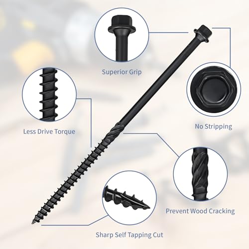 Lag Screws 6 Inch, 50Pcs #14 x 6 Heavy-Duty Structural Wood Screws, Hex Washer Head, Black Rust Resistant Coated, Long Outdoor Deck Screws for Timber Fence Log, Hex Socket Included - size: #14 x 6