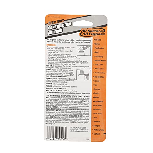 Gorilla Heavy Duty Construction Adhesive, White Glue, 2.5 Ounce Squeeze Tube (Pack of 5) - Gap Filling and Waterproof - size: 2.5 Ounce (Pack of 5)