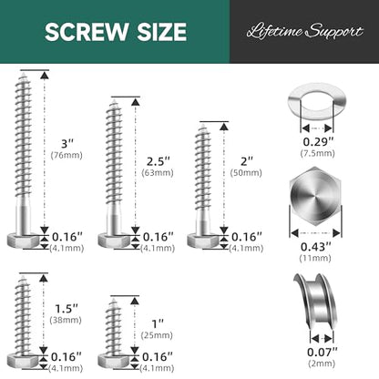 109Pcs 1/4" Hex Head Lag Bolts Screws Assortment Kit, Heavy Duty Lag Screws with Washers, 304 Stainless Steel 18-8, 1/4 Bolt for Wood, Bright Finish - size: 1/4" Kit