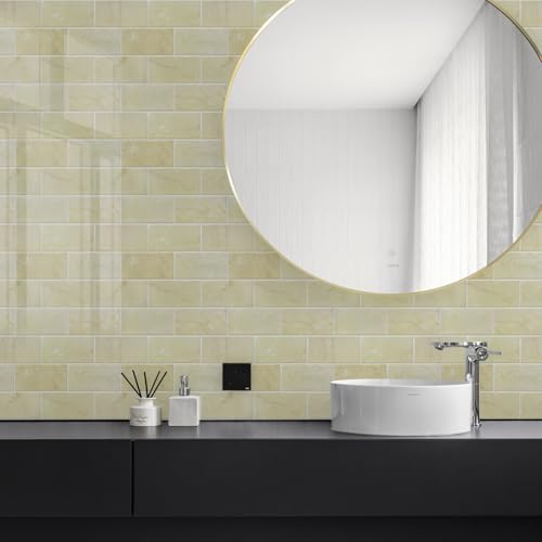 STICKGOO 10-Sheet Subway Tile Peel and Stick Backsplash, Self Adhesive Vinyl Wall Tiles, Stick on Backsplash for Kitchen and Bathroom(Thicker Design) - color: Faux Yellow Travertine
