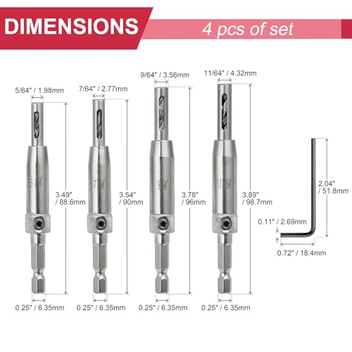 4pcs Self Centering Drill Bit Set, Hinge Drill Bits - 5/64", 7/64", 9/64", 11/64" - size: 5/64, 7/64, 9/64, 11/64