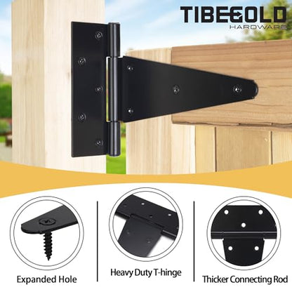 10 Inch T-Strap Gate Hinges, Heavy Duty Shed Door Hinges, Black Tee Hinges for Wooden Fences, Yard Gates, Rustproof Wrought Iron Hardware, 2 Pack - size: 10 Inch