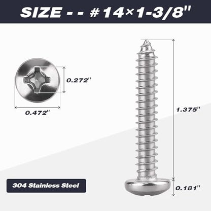#14 x 1-3/8" Phillips Pan Head Sheet Metal Screws 304 Stainless Steel 30Pcs - size: #14 x 1-3/8