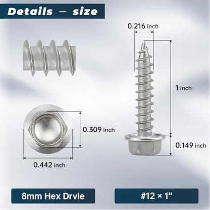 #12 x 1 Flanged Hex Head Fiberboard Wood Screws 50-Pack, 410 Stainless Steel Rust-Resistant Screws for Furniture & Wood Working Projects, Hex Bit Included - size: #12 x 1