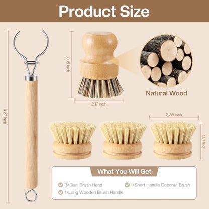 5 Pcs Bamboo Dish Brush Set Includes 1 Wooden Handle with 3 Natural Replaceable Bristle Heads and 1 Handheld Bamboo Wok Brush Scrubber for Dishes Pans Pots Fruit and Veggie Washing(Style B)