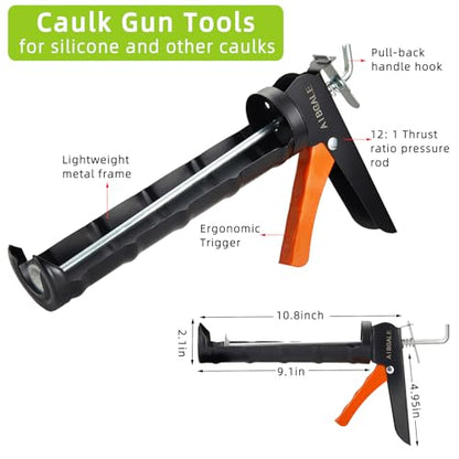 Caulking Tool Kit, Caulking Gun, 2 Clear Silicone Sealant with Gun - All-Purpose 100% Silicone Caulk (20 oz Tube), and 5 in 1 Scraper/Smoothing Tool, Sandpaper, Gloves and Masking Tape - color: 2 Clear Sealant