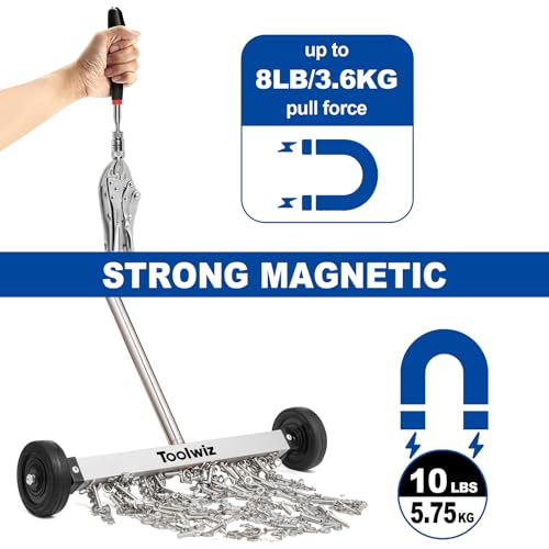 Toolwiz 15" Rolling Magnetic Sweeper with LED Telescopic Pick Up Tool - size: 15 inches + 8 LB Pick Up Tool with Light