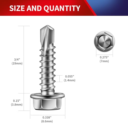 #8 x 3/4" Self Drilling Screws (218Pcs) Hex Washer Head 410 Stainless Steel Self Tapping Screws for Metal Sheet Metal Screws with Hex Socket Included - color: Silver, size: #8 x 3/4"