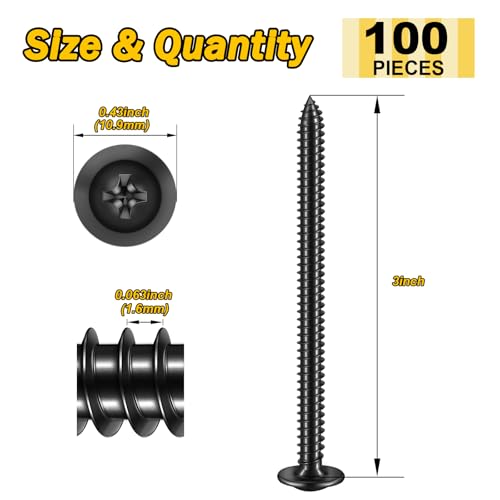 Mywish 100Pcs #10 × 3" Phillips Truss Head Wood Screws, Black Wood Screws 3 Inch, Quick Metal Self Tapping, Zinc Plated Steel Truss Head - color: Black, size: #10×3"