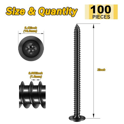 Mywish 100Pcs #10 × 3" Phillips Truss Head Wood Screws, Black Wood Screws 3 Inch, Quick Metal Self Tapping, Zinc Plated Steel Truss Head - color: Black, size: #10×3"