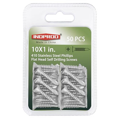 #10 x 1 Sheet Metal Screws, Self Drilling, Phillips Flat Head, Zinc Plated Stainless Steel 410, Self Tapping Tek Wood Screws, #10 x 1-Inch, 50 Pcs - size: #10 x 1"
