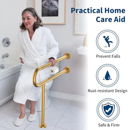 ZUEXT 31.5x28 Inch Gold Knurled Toilet Grab Bar with Toilet Paper Holder - color: Gold, size: 31.5 Inch