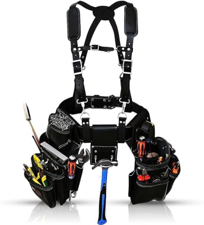 Heavy-Duty Leather Tool Belt with Suspenders – Extra Large Adjustable Waist 30" to 56" – Back Support Tool Pouch System for Construction, Framer, Carpenter, Handyman (Black) - size: 19 Pocket Black